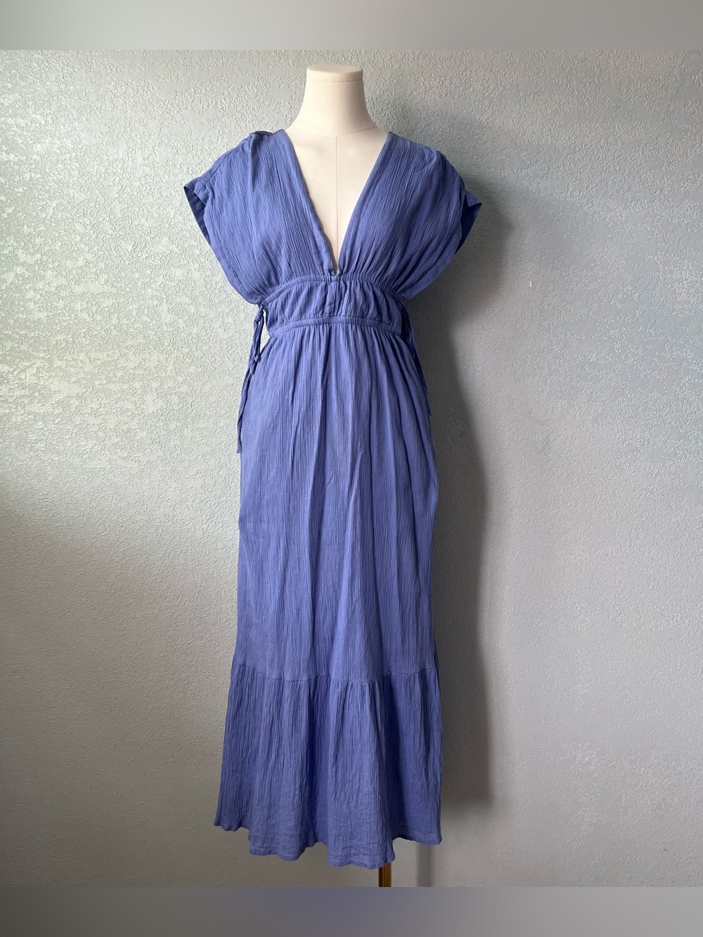 Mint Purple Crinkle Gauze Maxi Dress XS Deep V Neck Empire Waist Boho